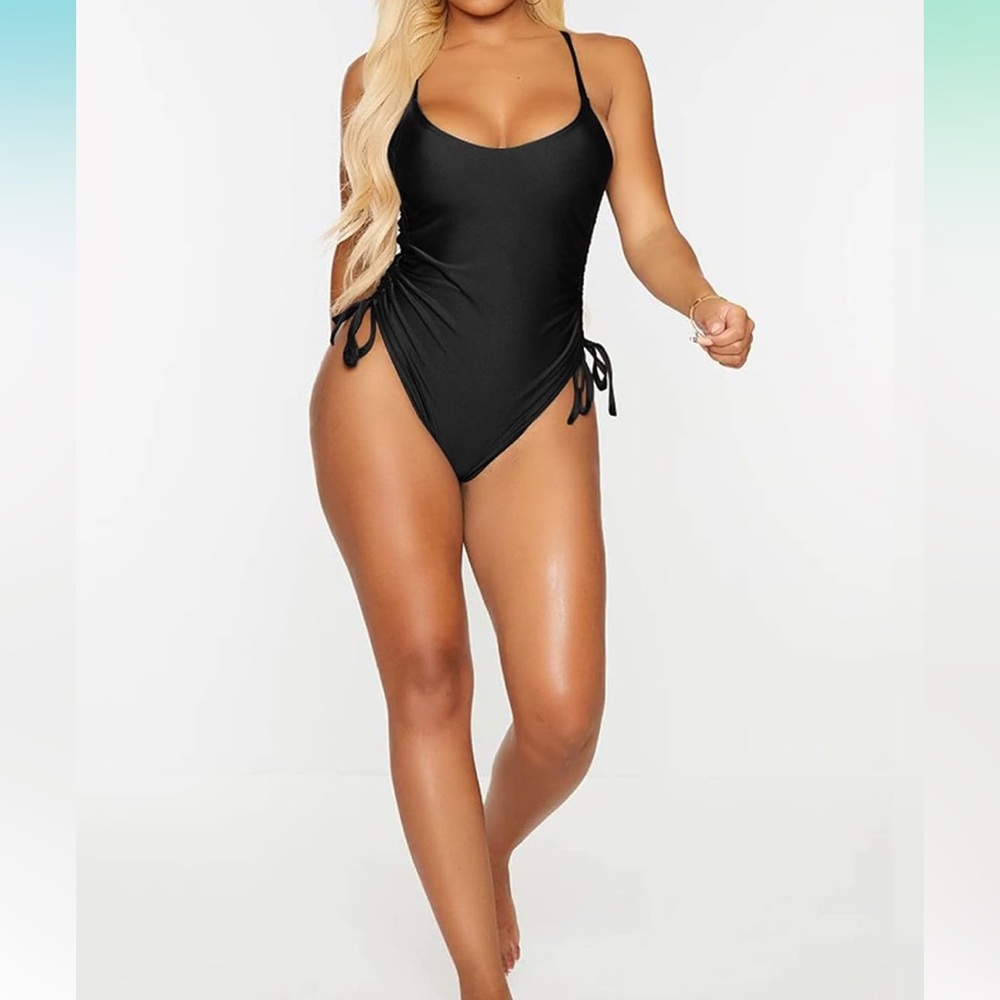 🚘Woman’s sexy one piece rushing up the sides with ties  tummy control